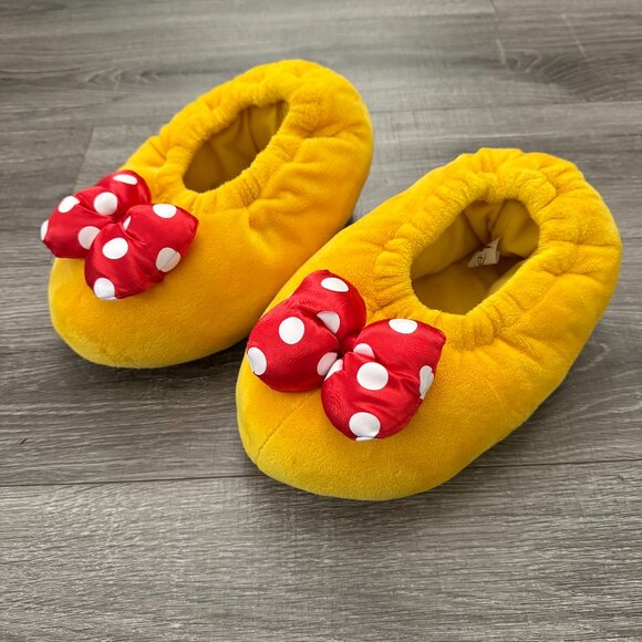 Disney Shoes - Disney Parks Minnie Slippers Yellow Plush Red Polka Dot Bow Women Size Small